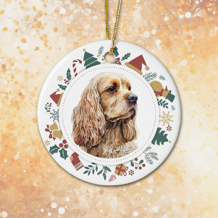 Cute Cocker Spaniel Christmas Images Wreath Ceramic Ornament