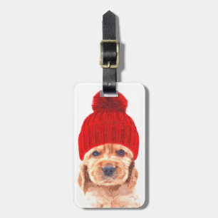 Cute cocker spaniel puppy with cap portrait luggage tag