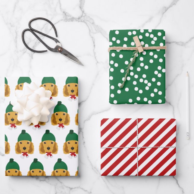Cute Cocker Spaniel & Red Striped Christmas Wrapping Paper Sheets (Front)