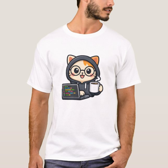 Cute Coder Cat with Coffee & Laptop T-Shirt (Front)