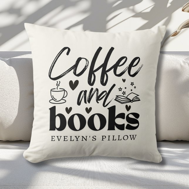 Cute Coffee and Book Lovers Personalized Throw Pillow (Creator Uploaded)
