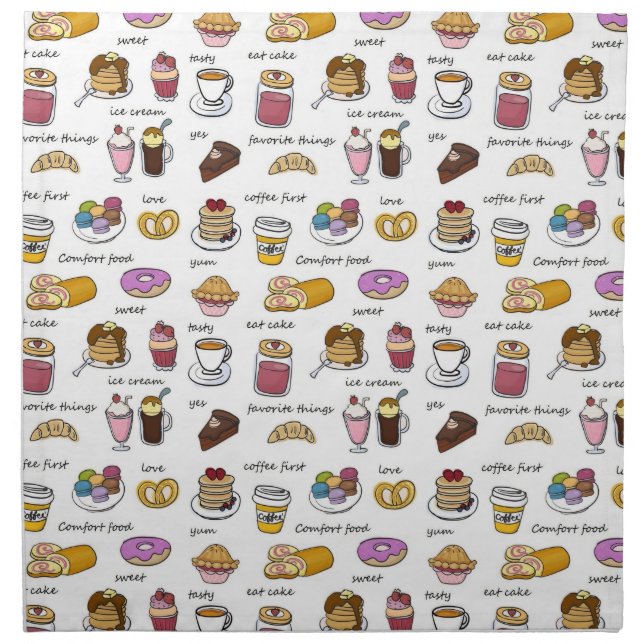 Cute Coffee and Comfort Food Illustrated Pattern Cloth Napkin (Front)