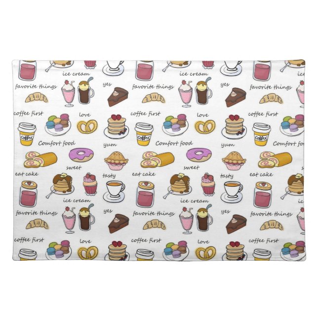 Cute Coffee and Comfort Food Illustrated Pattern Cloth Placemat (Front)