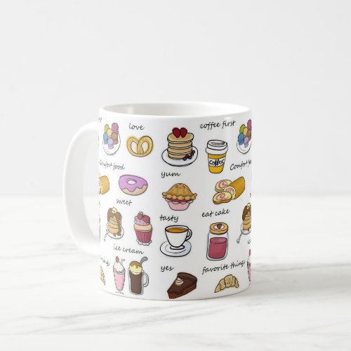 Cute Coffee and Comfort Food Illustrated Pattern Coffee Mug
