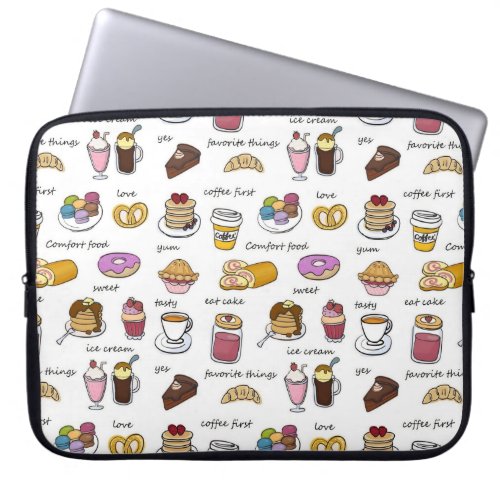 Cute Coffee and Comfort Food Illustrated Pattern Laptop Sleeve