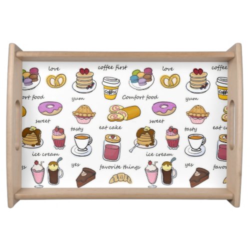 Cute Coffee and Comfort Food Illustrated Pattern Serving Tray