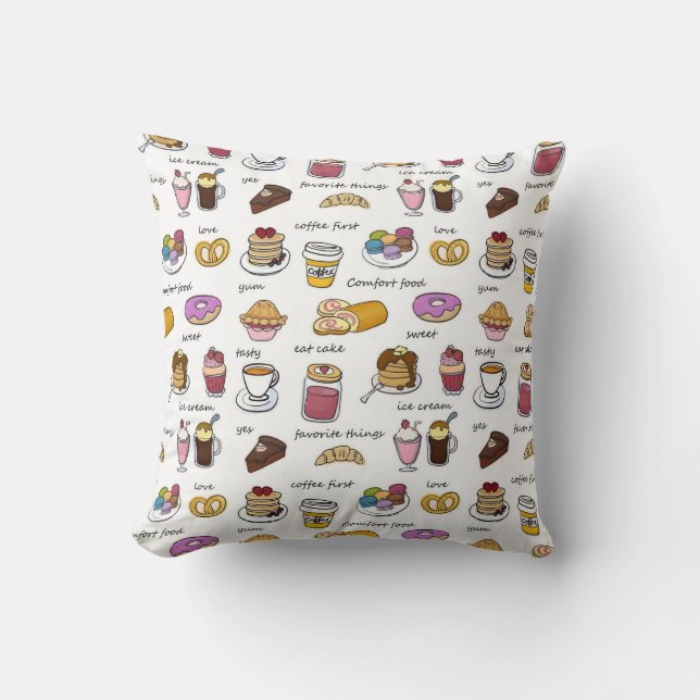 Cute Coffee and Comfort Food Illustrated Pattern Throw Pillow (Front)