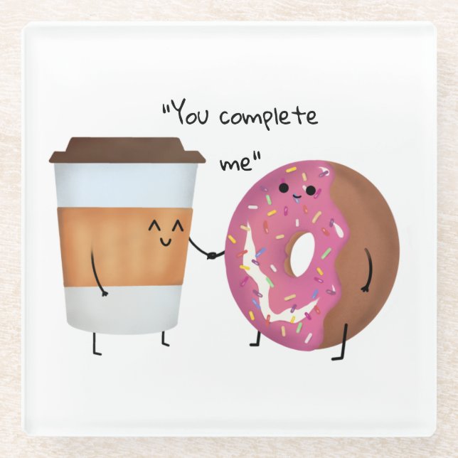 Cute Coffee and Donut Complete Couple Glass Coaster (Front)
