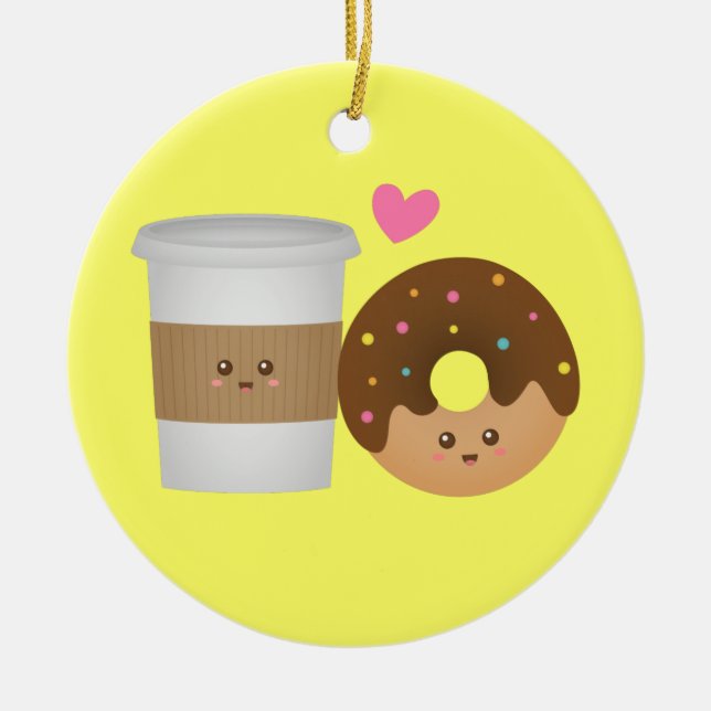 Cute Coffee and Donut in Love, Perfect Pair Ceramic Ornament (Front)