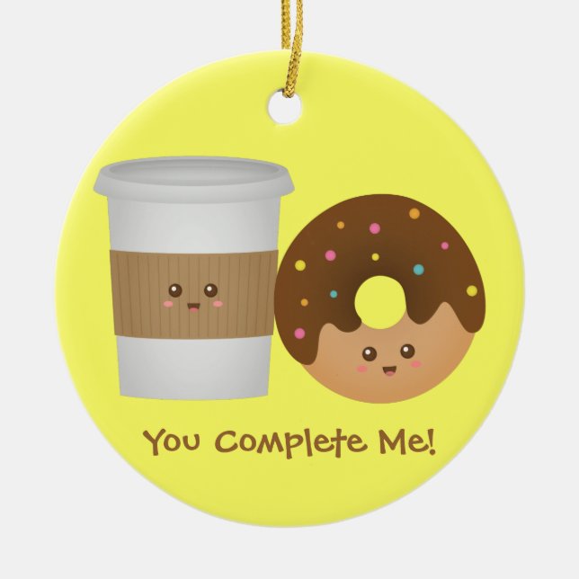 Cute Coffee and Donut in Love, Perfect Pair Ceramic Ornament (Front)