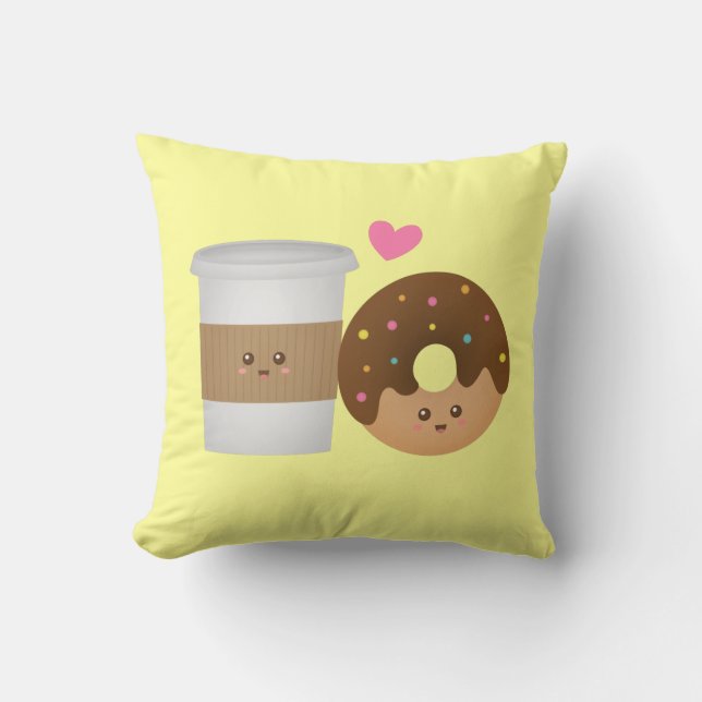 Cute Coffee and Donut in Love, Perfect Pair Throw Pillow (Front)