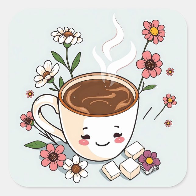 Cute Coffee and Flowers Whimsical Square Sticker (Front)