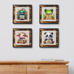 Cute coffee animals word art peel and stick photo tile
