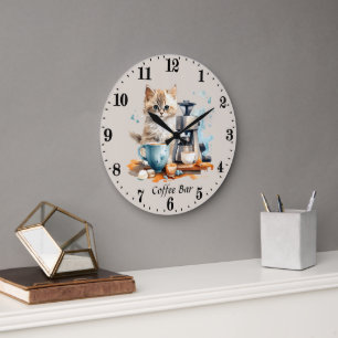Cute coffee bar cat add text large clock