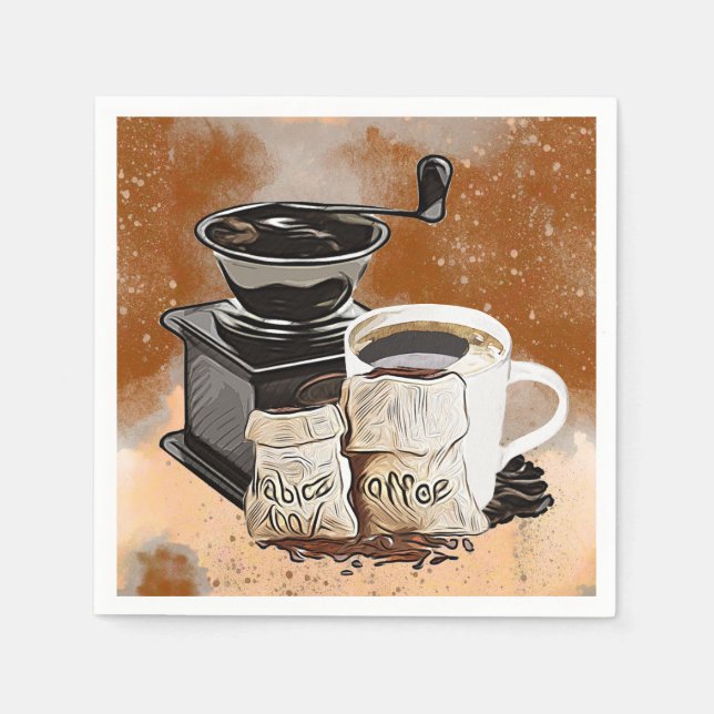 Cute coffee bar grinder mug beans napkins (Front)