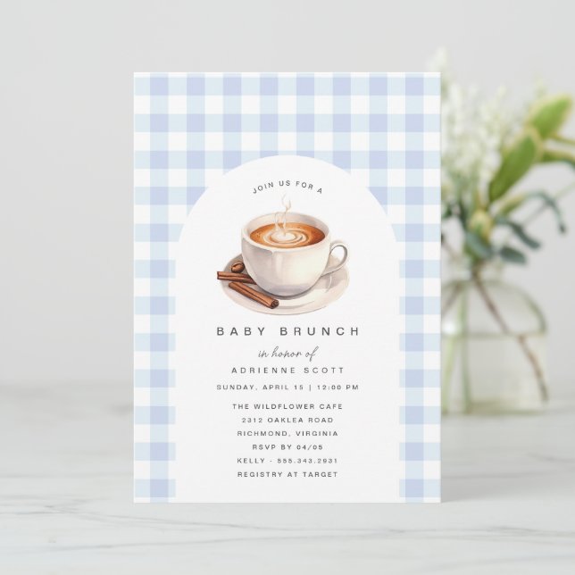 Cute Coffee Blue Gingham Boy Baby Shower Brunch Invitation (Standing Front)