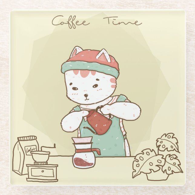 Cute Coffee Cat Glass Coaster (Front)