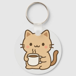 Cute Coffee Cat Kawaii Cozy Aesthetic Design Keychain