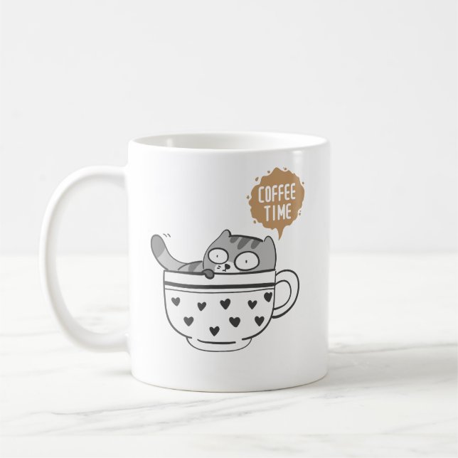 Cute Coffee Cat Mug Cozy “Coffee Time” Kitten Cup (Left)