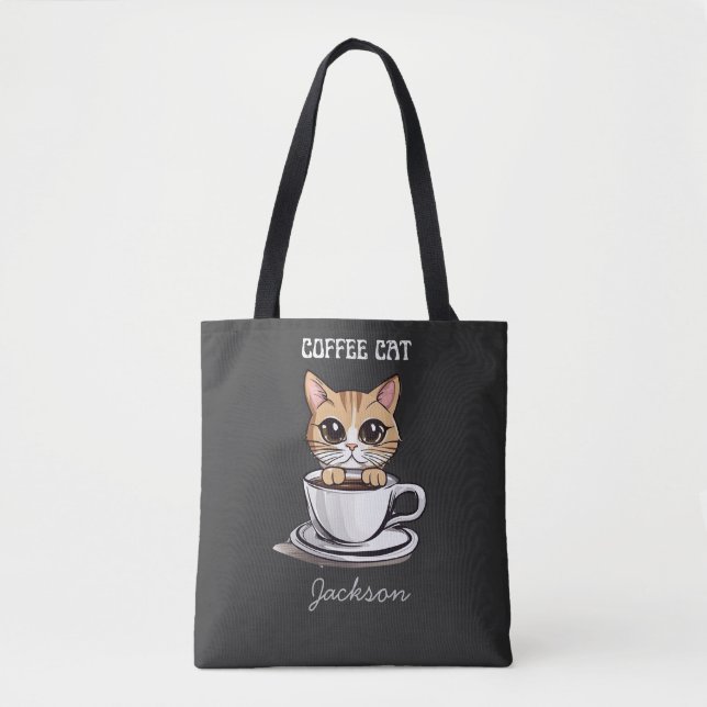 Cute Coffee Cat Personalized Funny Tote Bag (Front)