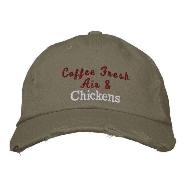 Cute Coffee Chickens Quote Rustic Vintage Green Embroidered Baseball Cap (Front)