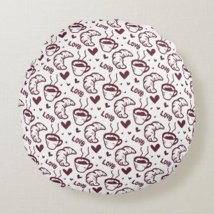 Cute Coffee & Croissant French Cafe Pattern Round Pillow