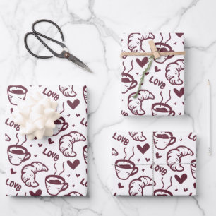 Cute Coffee & Croissant French Cafe Pattern Wrapping Paper Sheets