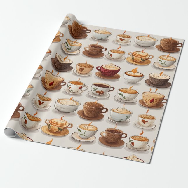 Cute Coffee Cup Pattern Wrapping Paper (Unrolled)
