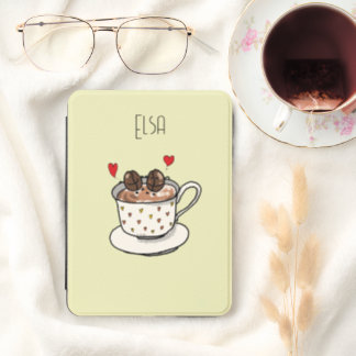 Cute Coffee Cup with Hearts and Custom Name Kindle Cover