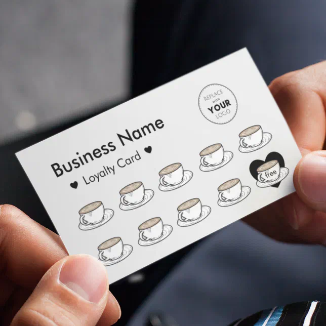 Cute Coffee Cups Drink & Hearts Add Your Logo Gray Loyalty Card | Zazzle