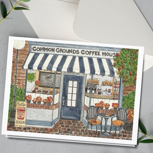 Cute Coffee House Storefront Watercolor Card
