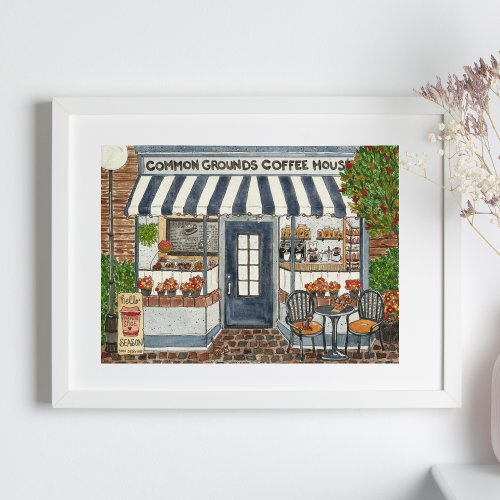 Cute Coffee House Storefront Watercolor Poster