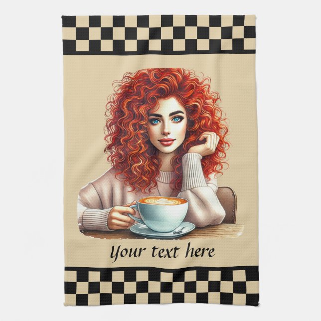 cute coffee lady add text  kitchen towel (Vertical)