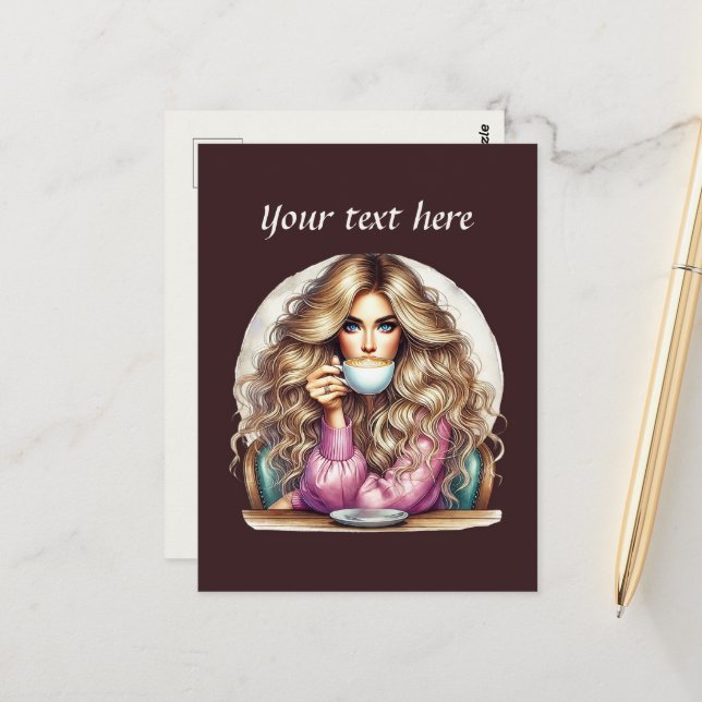 Cute coffee lady add text  postcard (Front/Back In Situ)