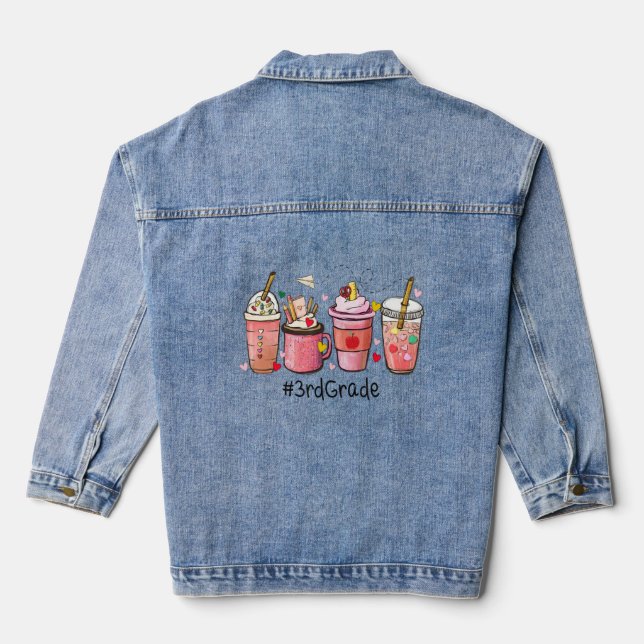 Cute Coffee Latte 3rd Grade Teacher Valentine's Da Denim Jacket (Back)