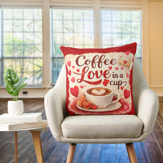 Cute Coffee Love in a Cup Valentine Quote Red Throw Pillow