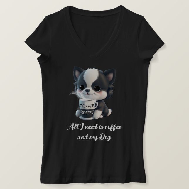 Cute Coffee lover Dog black and white dog puppy T-Shirt (Design Front)