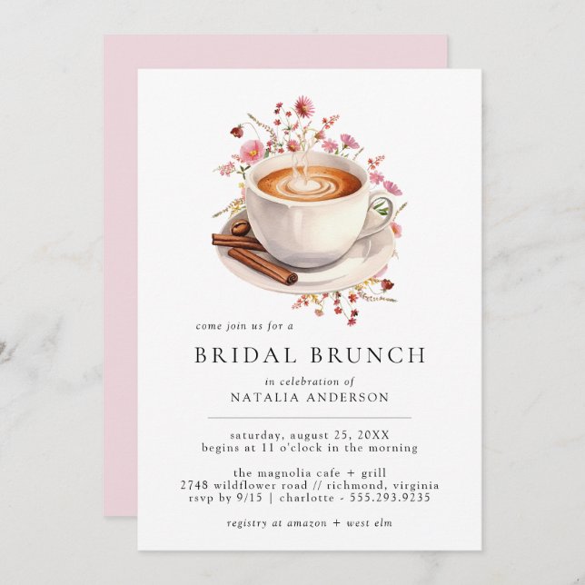 Cute Coffee | Pink Floral Bridal Shower Brunch Invitation (Front/Back)