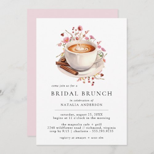 Cute Coffee  Pink Floral Bridal Shower Brunch Invitation