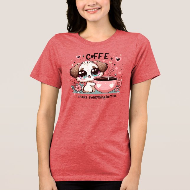 Cute Coffee Puppy Flowers Kawaii Art Gift Tri-Blend Shirt (Front)