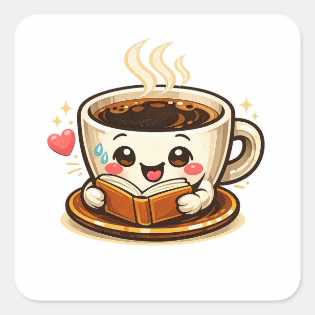 Cute Coffee Reading Book | Cozy Coffee Lover Square Sticker (Front)