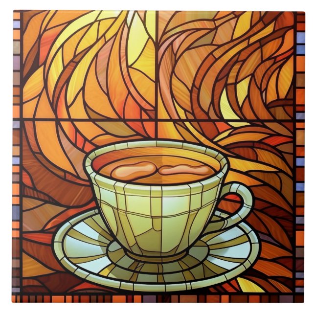 cute coffee shop kitchen faux stained glass  ceramic tile (Front)