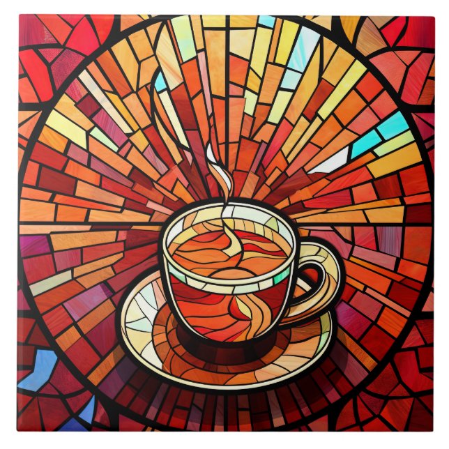 cute coffee shop kitchen faux stained glass  ceramic tile (Front)