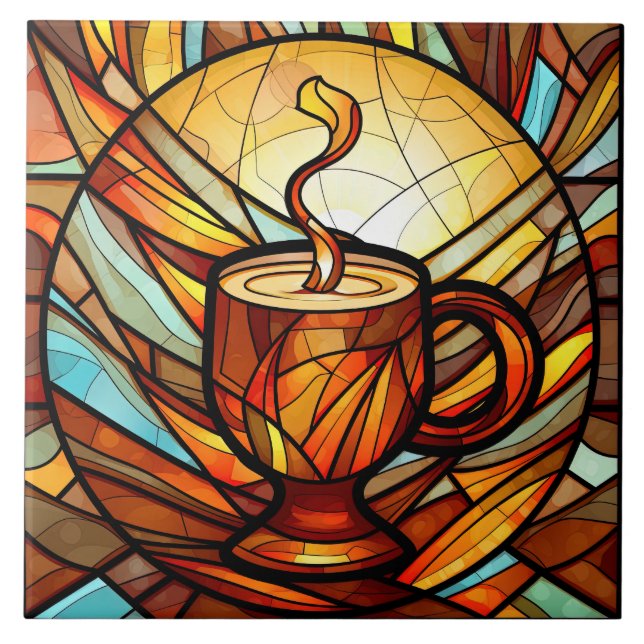 cute coffee shop kitchen faux stained glass  ceramic tile (Front)