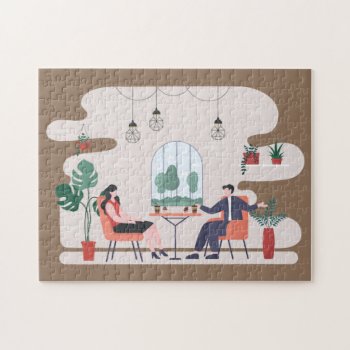 Cute Coffee Shop Lovers Jigsaw Puzzle by DoodlesGifts at Zazzle