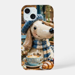Cute Coffee Shop Puppy Dog in Beanie Hat and Scarf iPhone 15 Case