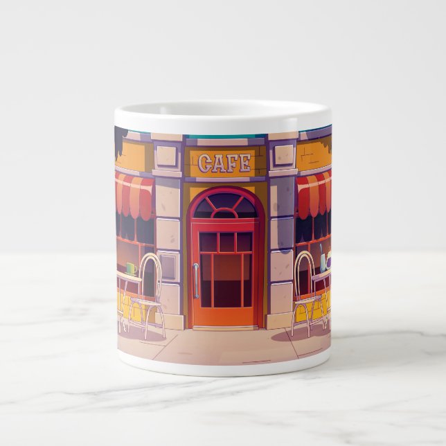 Cute Coffee Shop Wrap-Around Design Giant Coffee Mug (Front)
