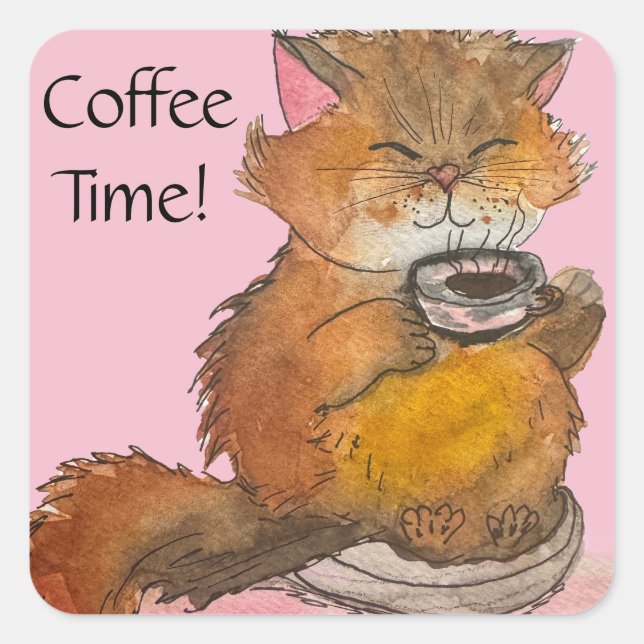 Cute Coffee Time Cat Square Stickers (Front)