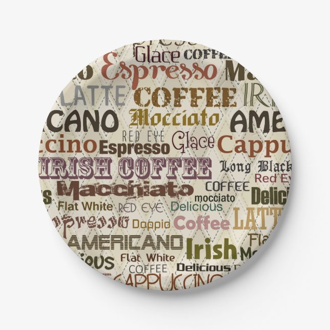 Cute coffee words party paper plates (Front)