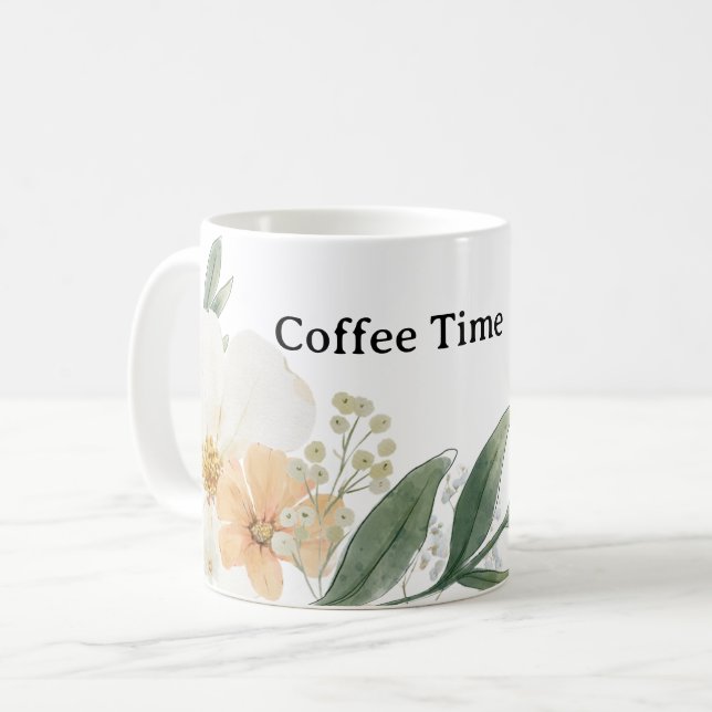 Cute CoffeeTime Teacup. Modern Minimalist Floral Coffee Mug (Front Left)